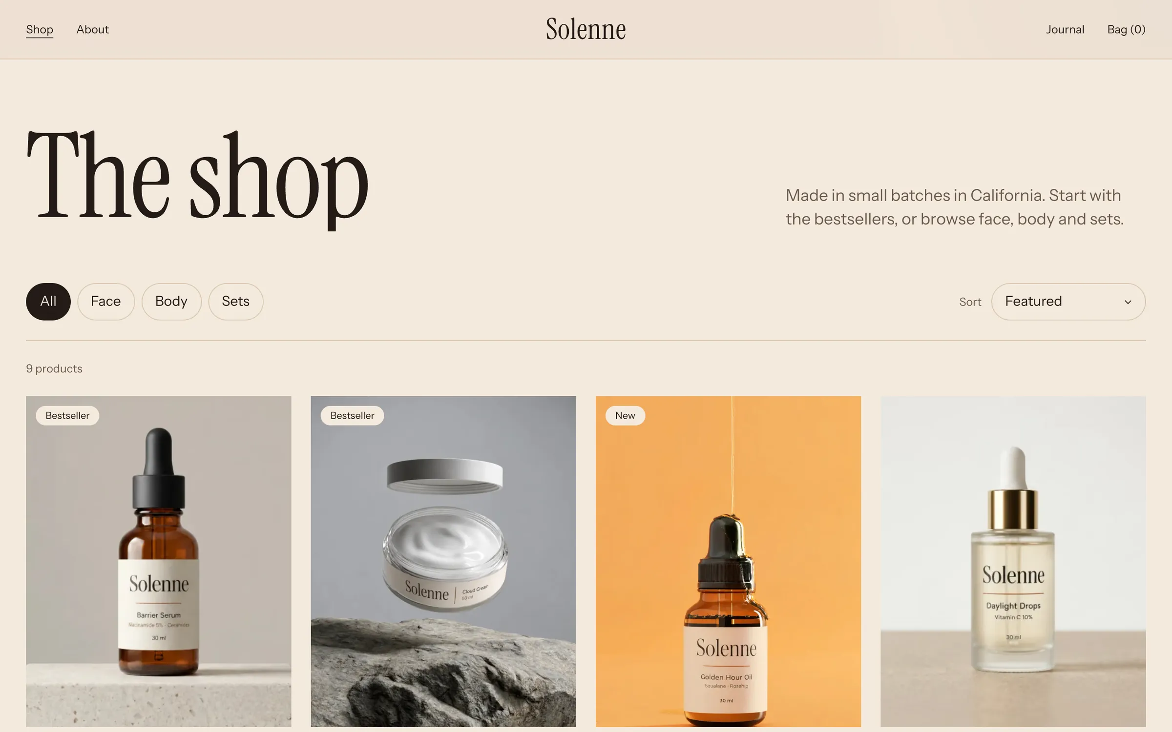 Solenne's shop page on a desktop screen