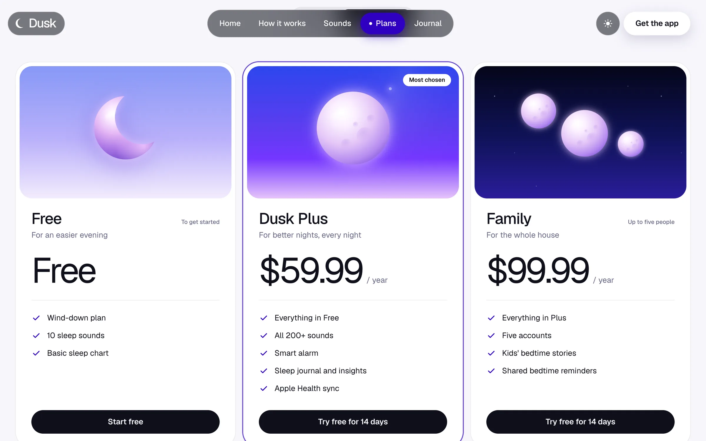 Dusk's plans page on a desktop screen