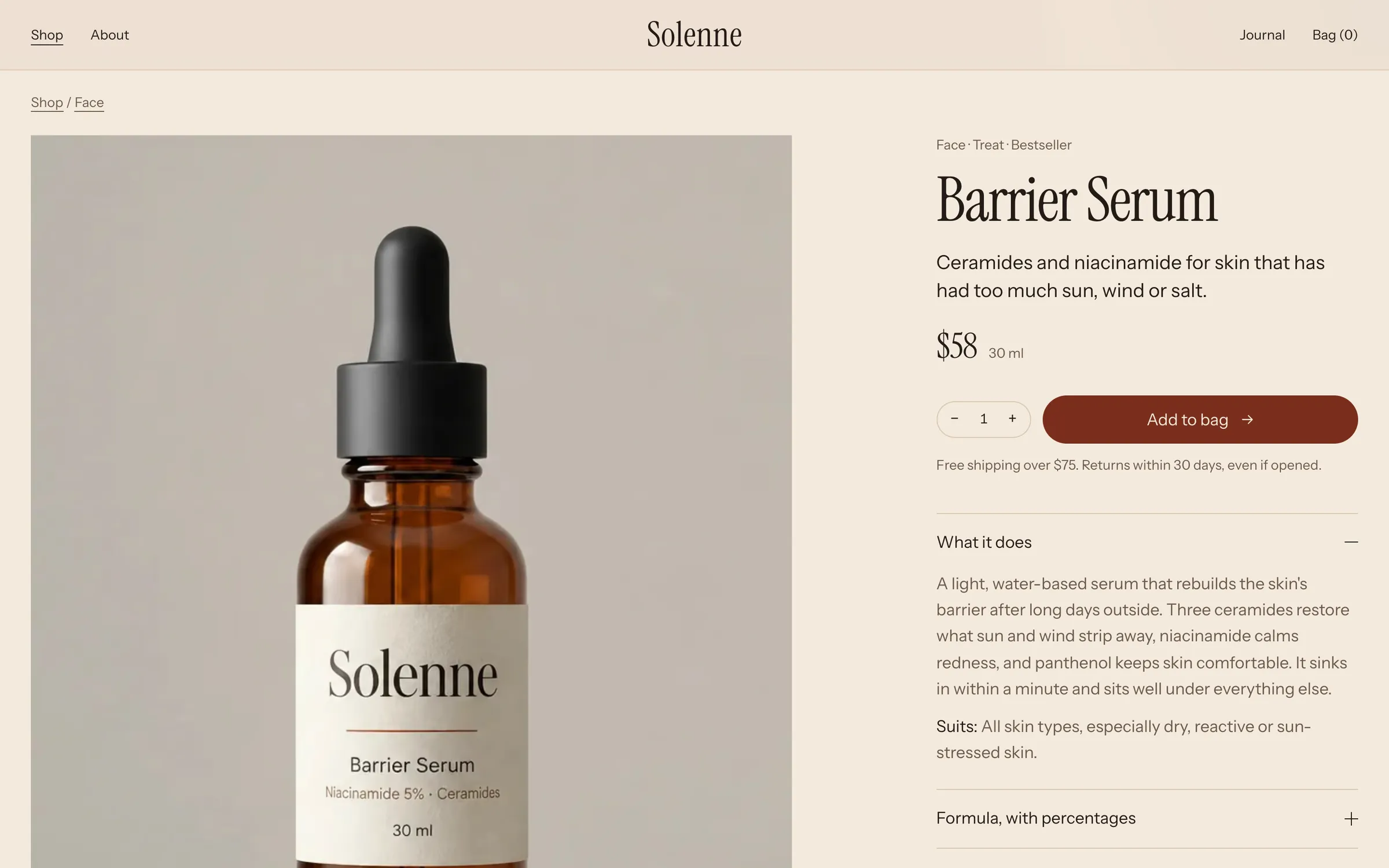 Solenne's product page on a desktop screen