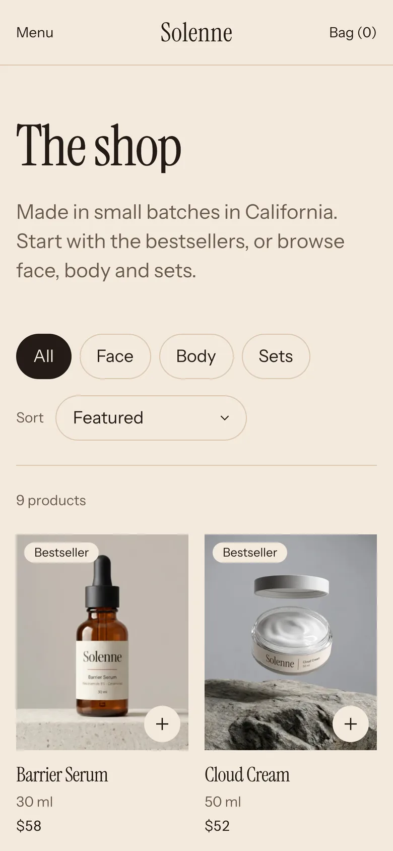 Solenne's shop page on a phone