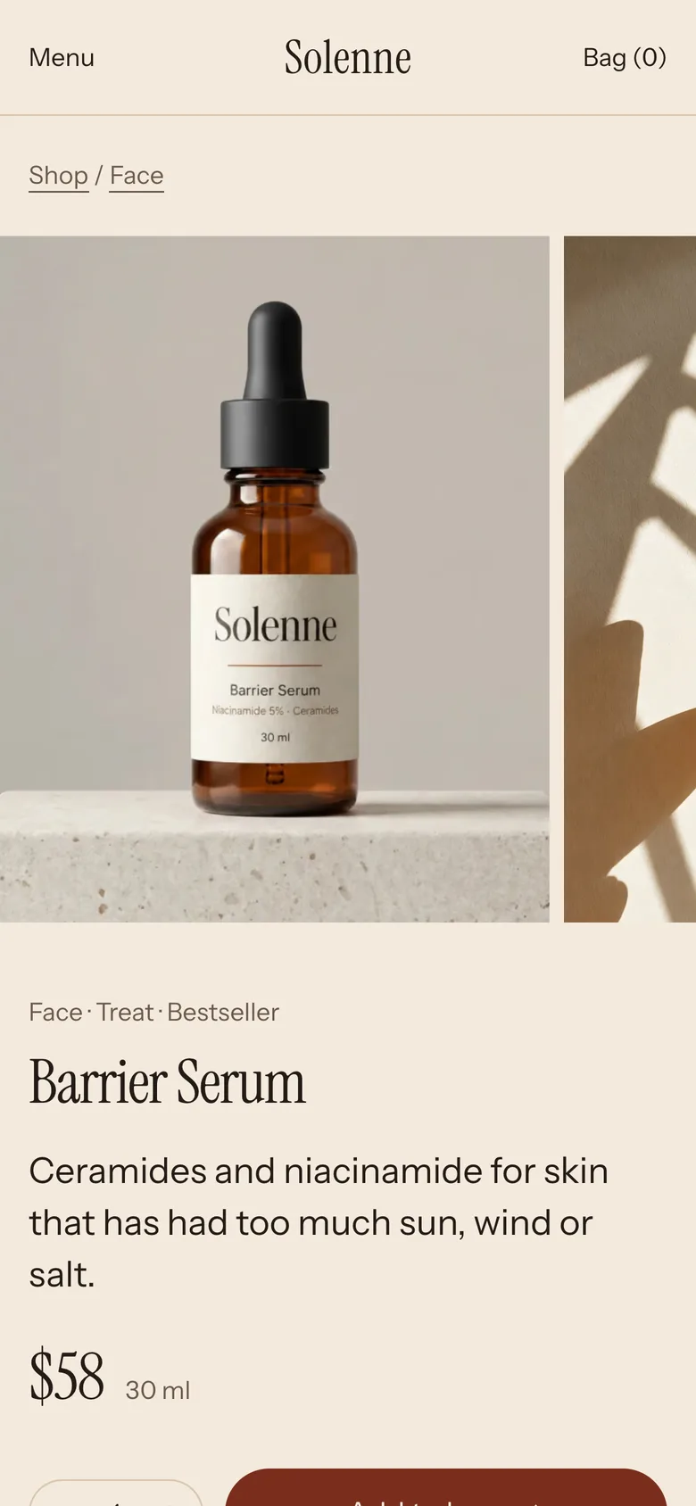 Solenne's product page on a phone