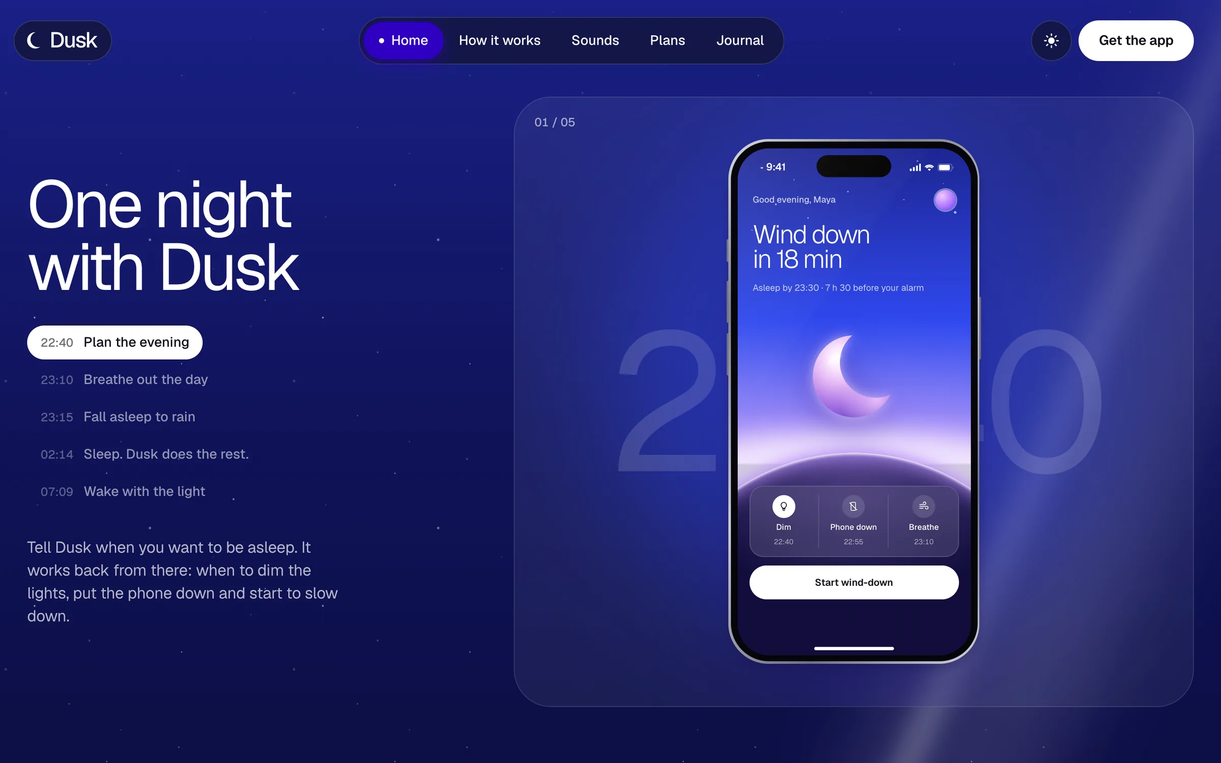 Dusk's home page on a desktop screen