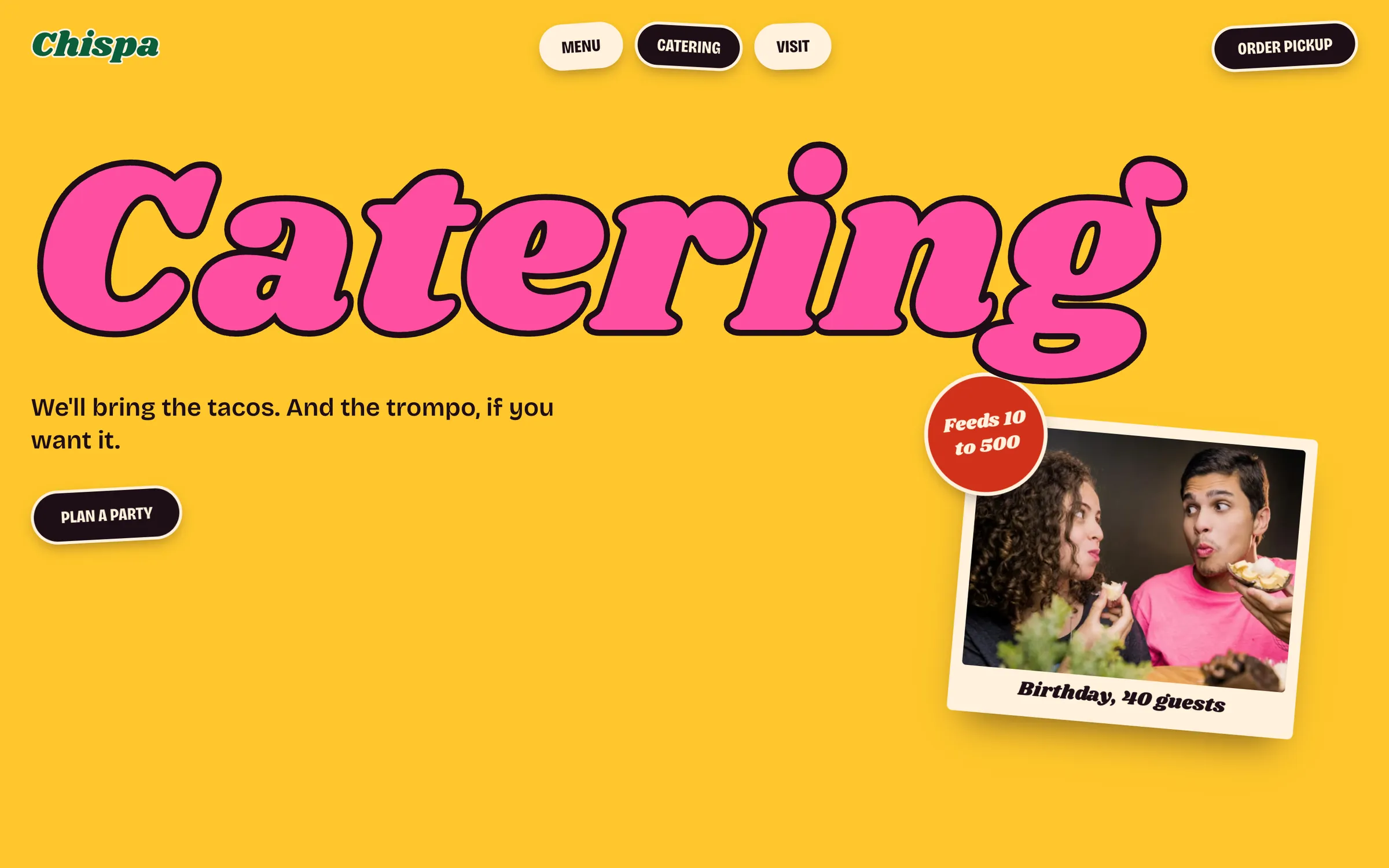 Chispa's catering page on a desktop screen