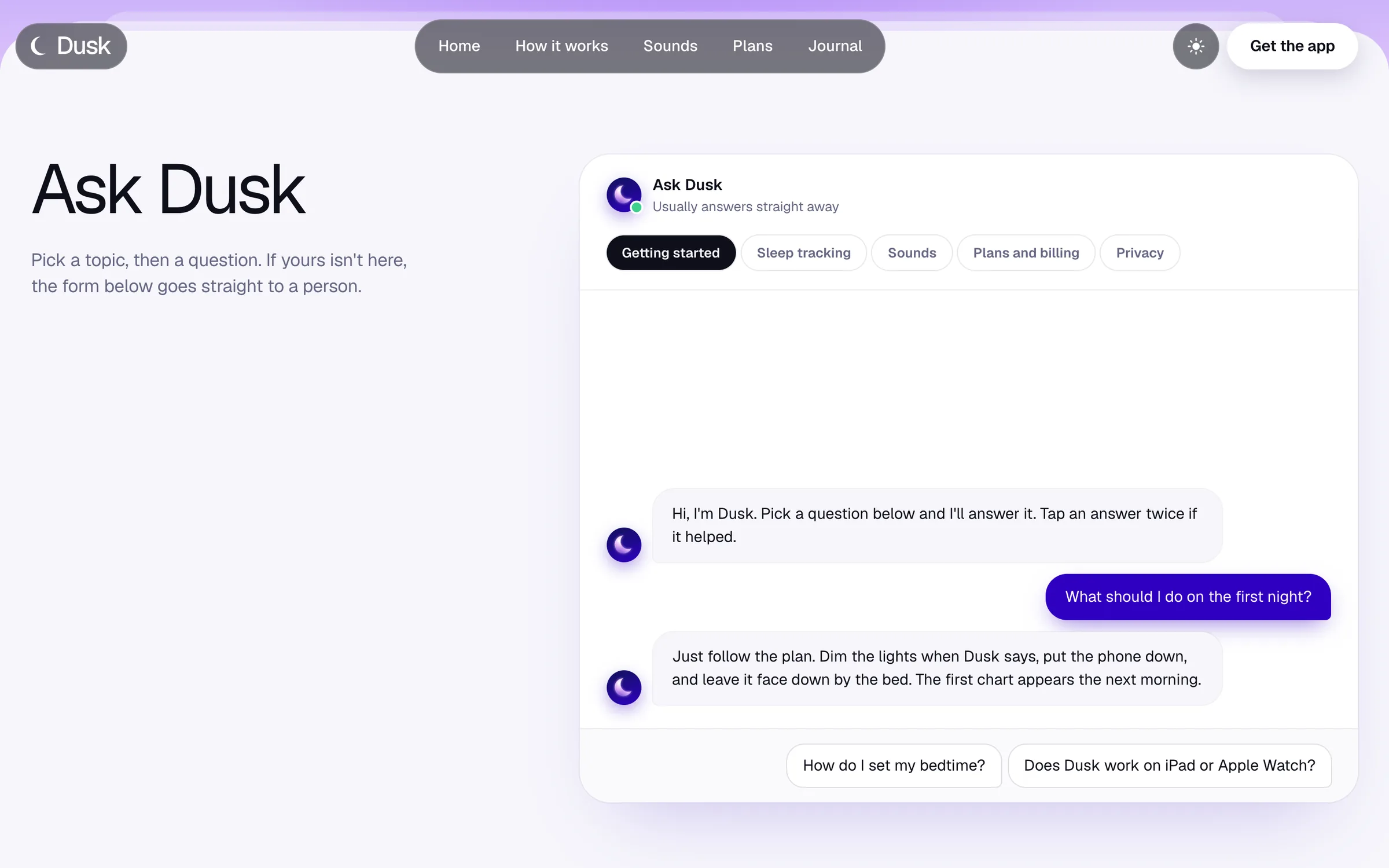 Dusk's support page on a desktop screen
