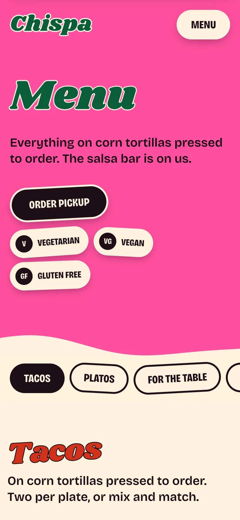 Chispa's menu page on a phone
