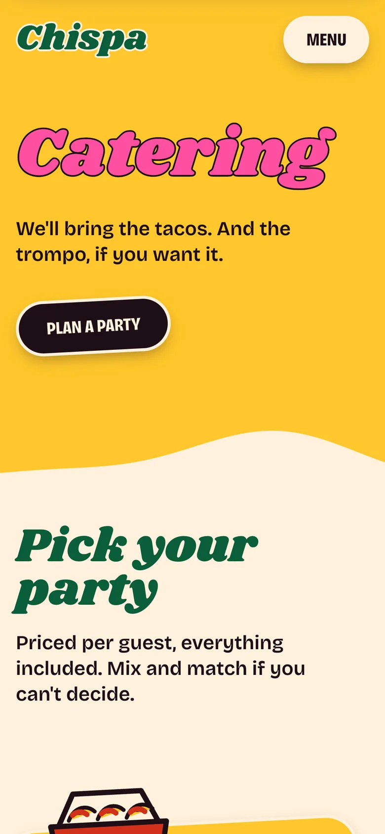 Chispa's catering page on a phone